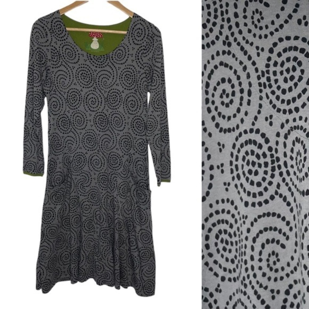 Gudrun Sjoden Modal Lagenlook‎ Art to Wear Dotted Swirls Gray Black Pocket Dress